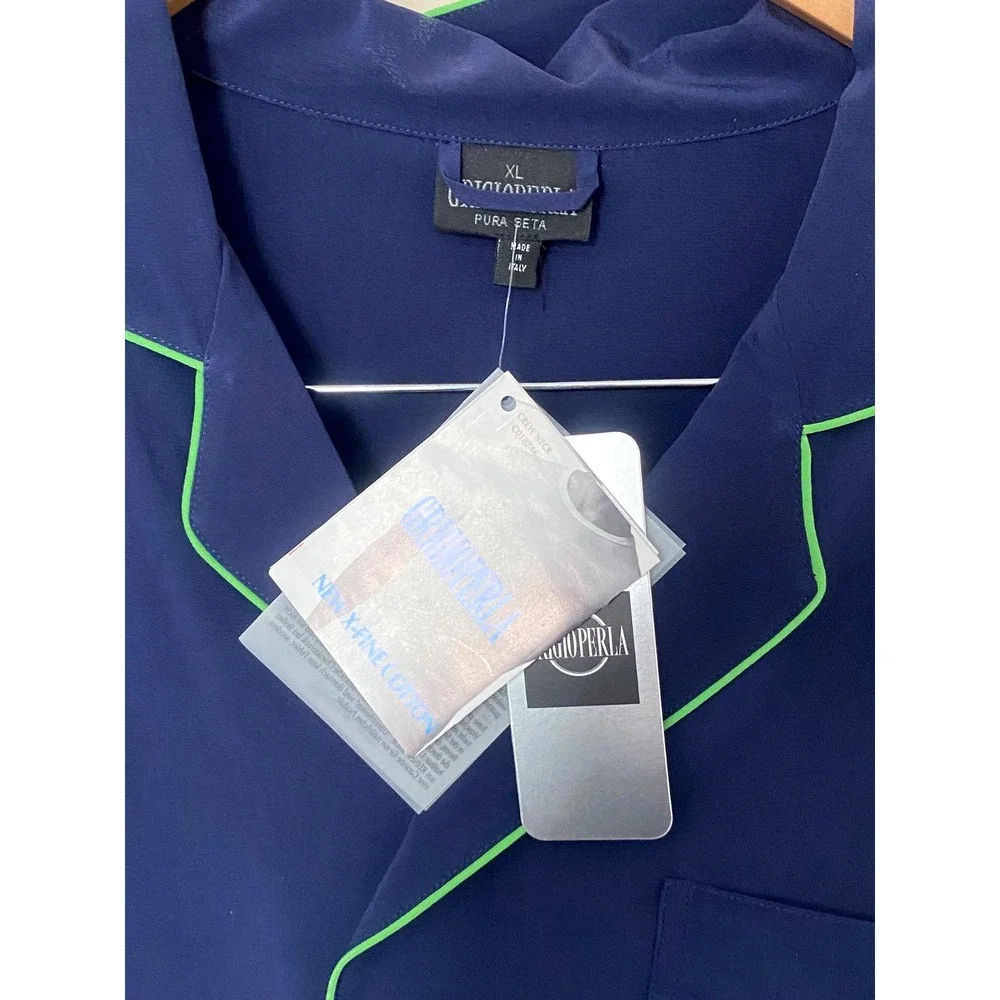 NWT Vtg GRIGIO PERLA Men's Luxury SILK Pajama Set XL Navy Blue Lounge PJ